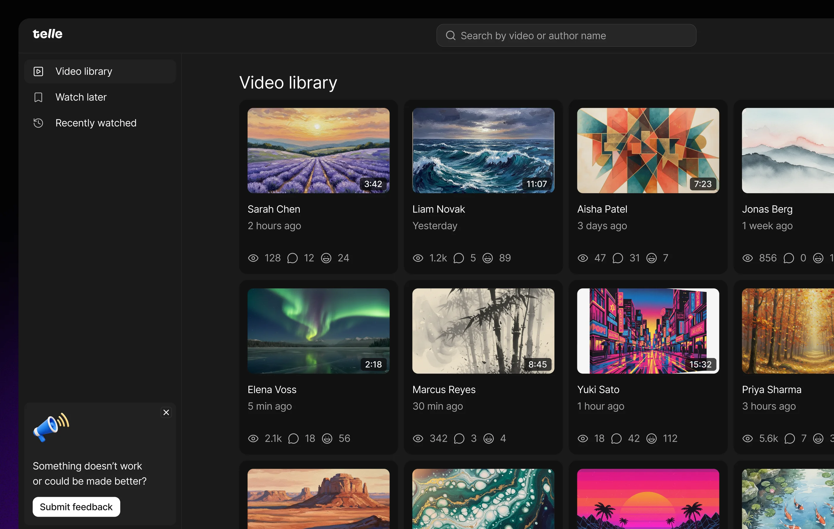 Telle video library, dark desktop interface
