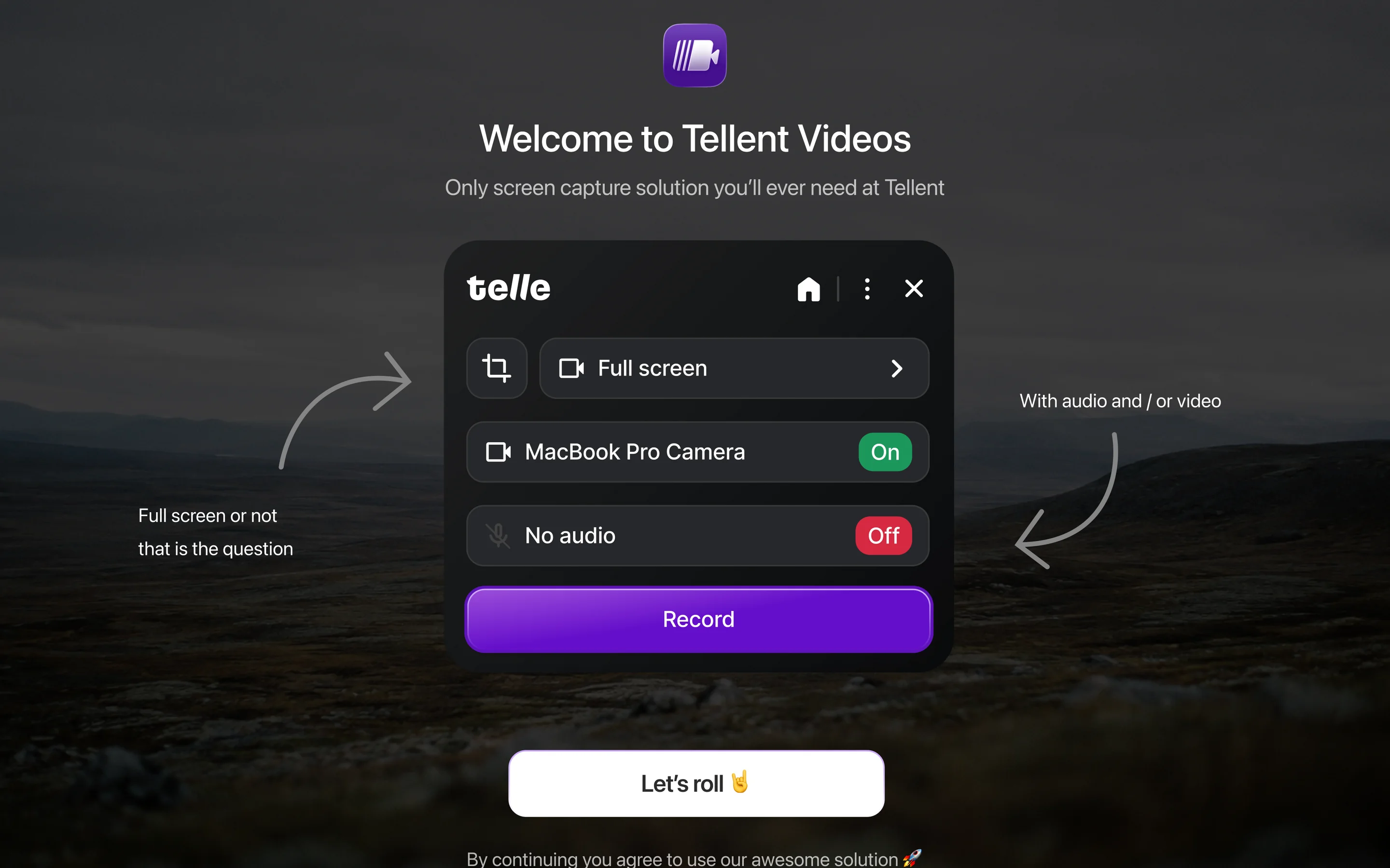 Tellent Videos welcome screen with the recording setup