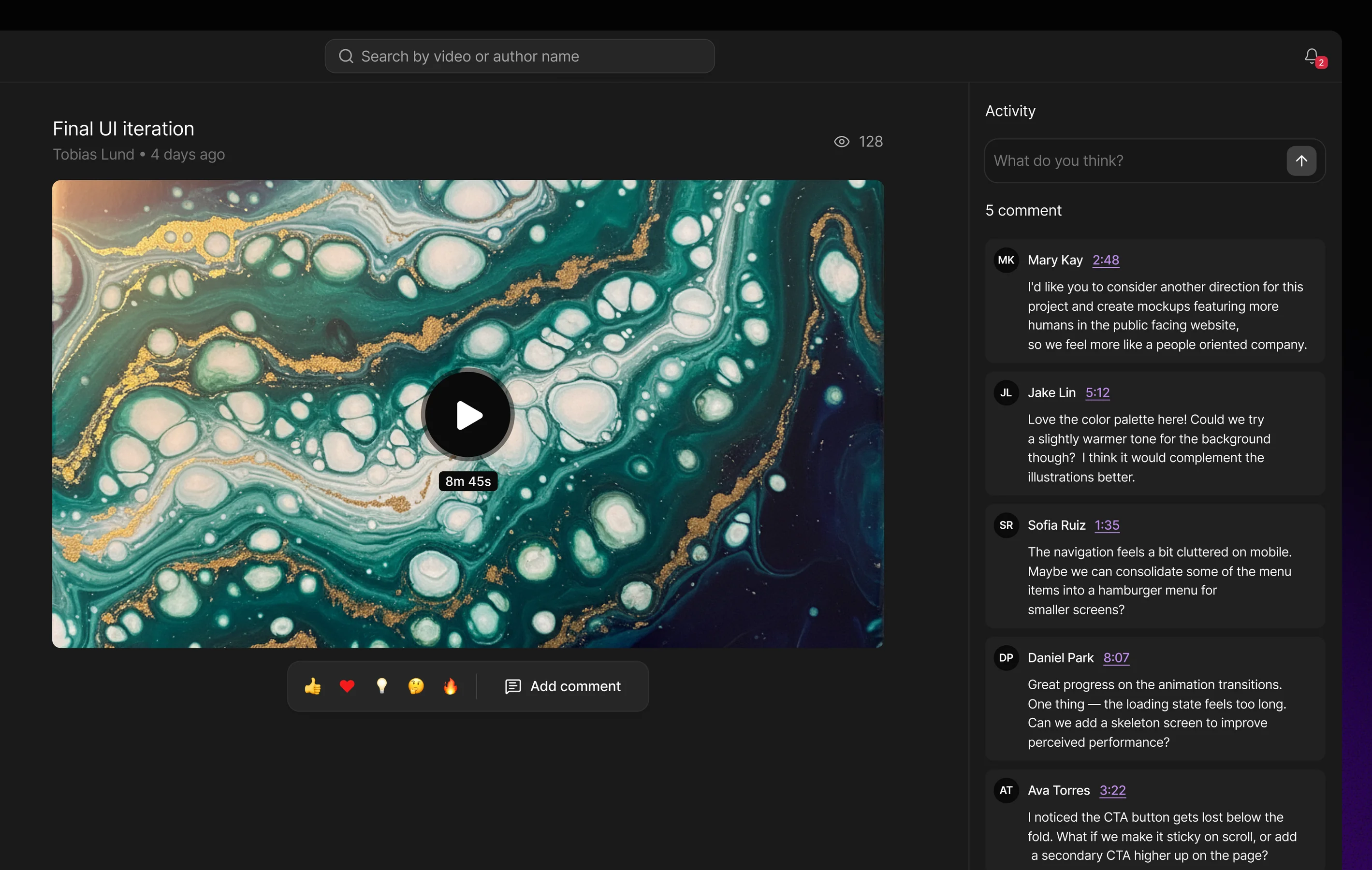 Telle video review with the comment activity panel