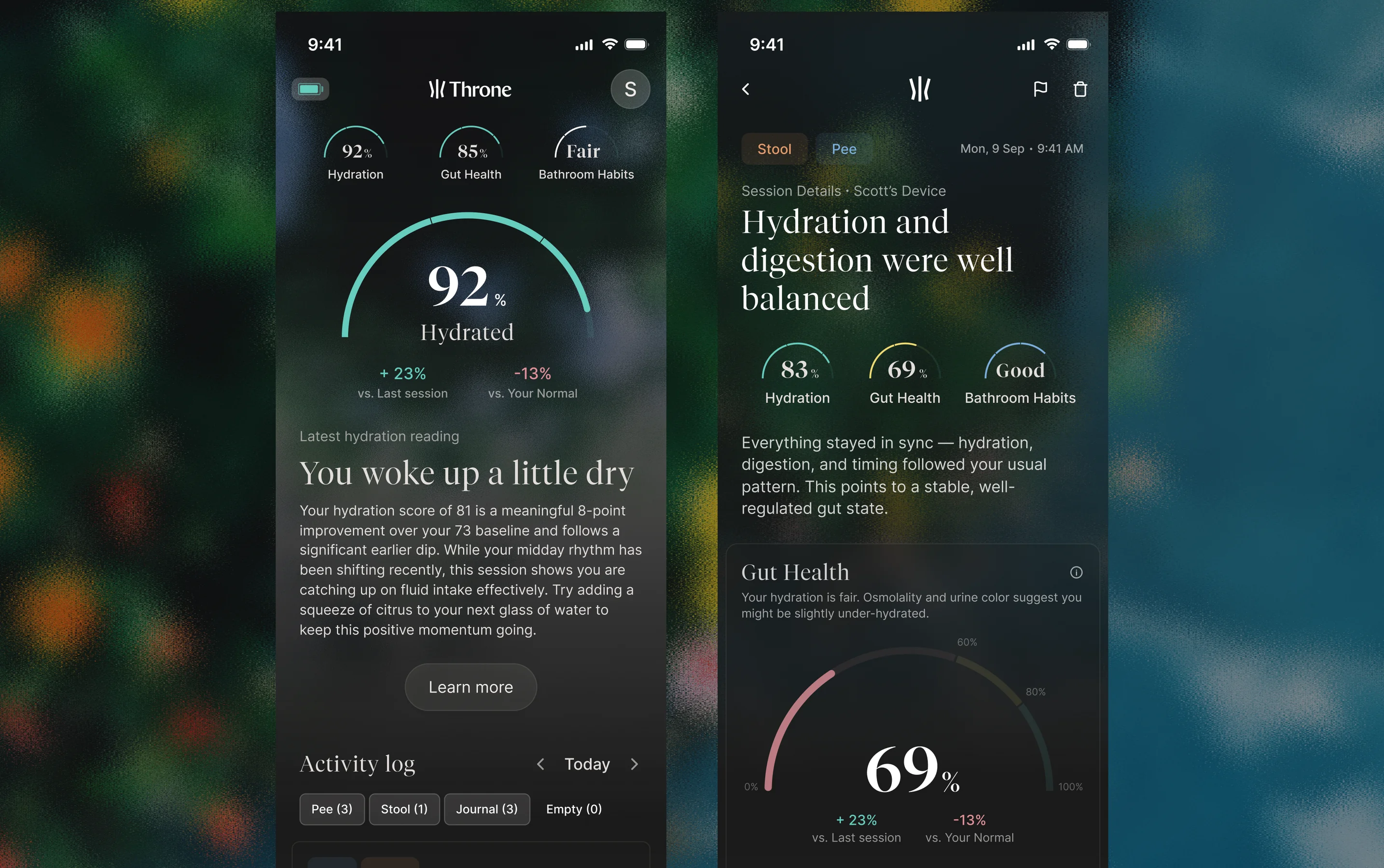 Throne app hydration dashboard and session details