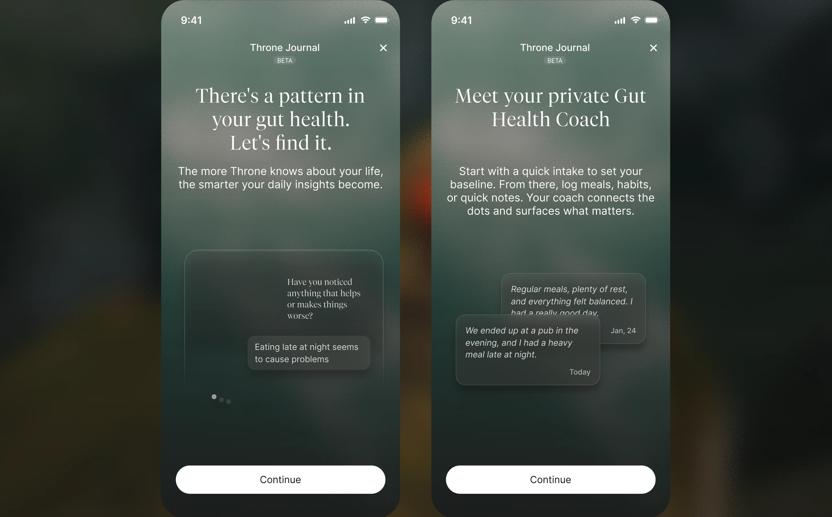 Throne Journal onboarding for the gut health coach