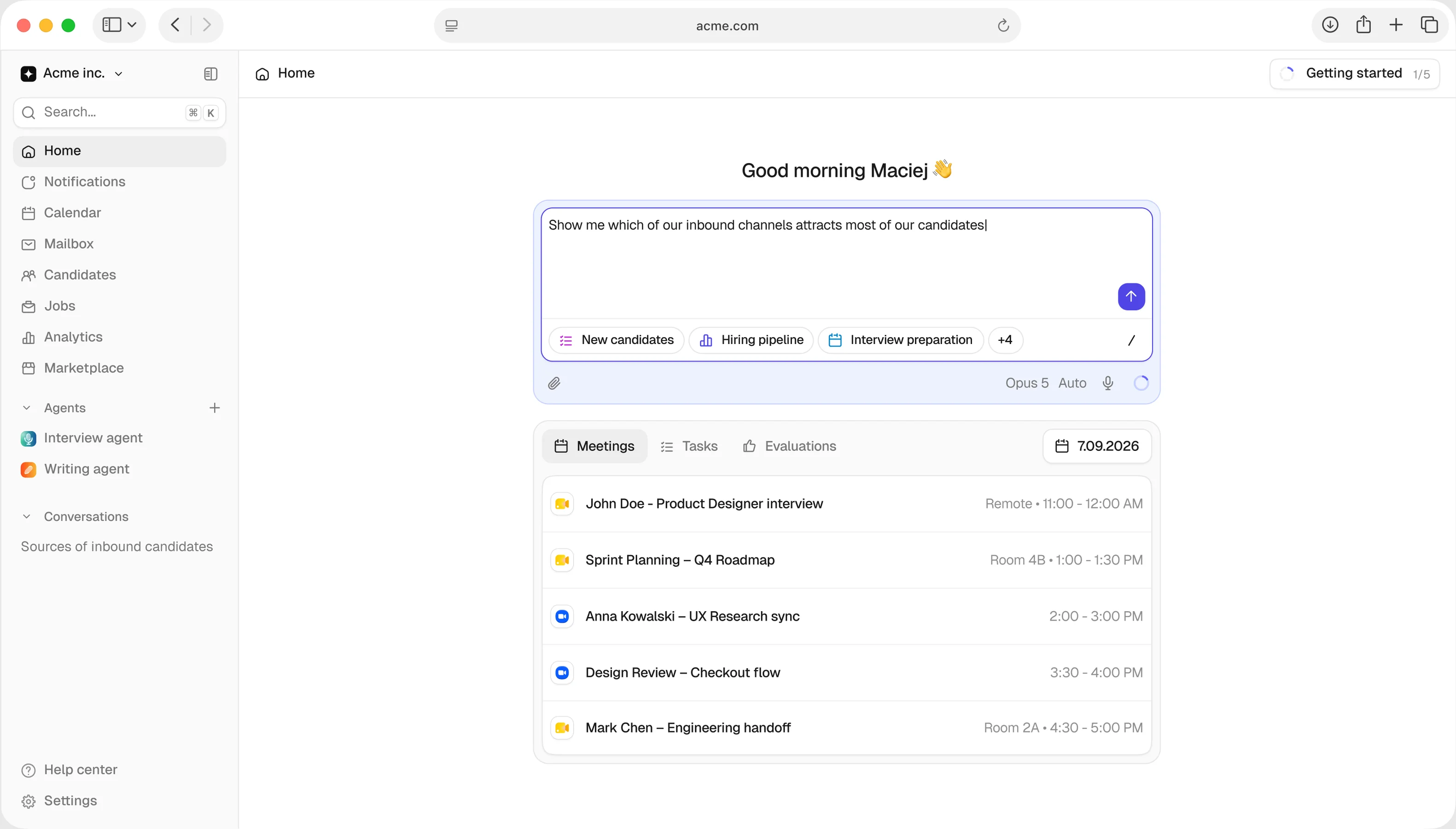Light-mode home with the assistant prompt over the recent conversations list