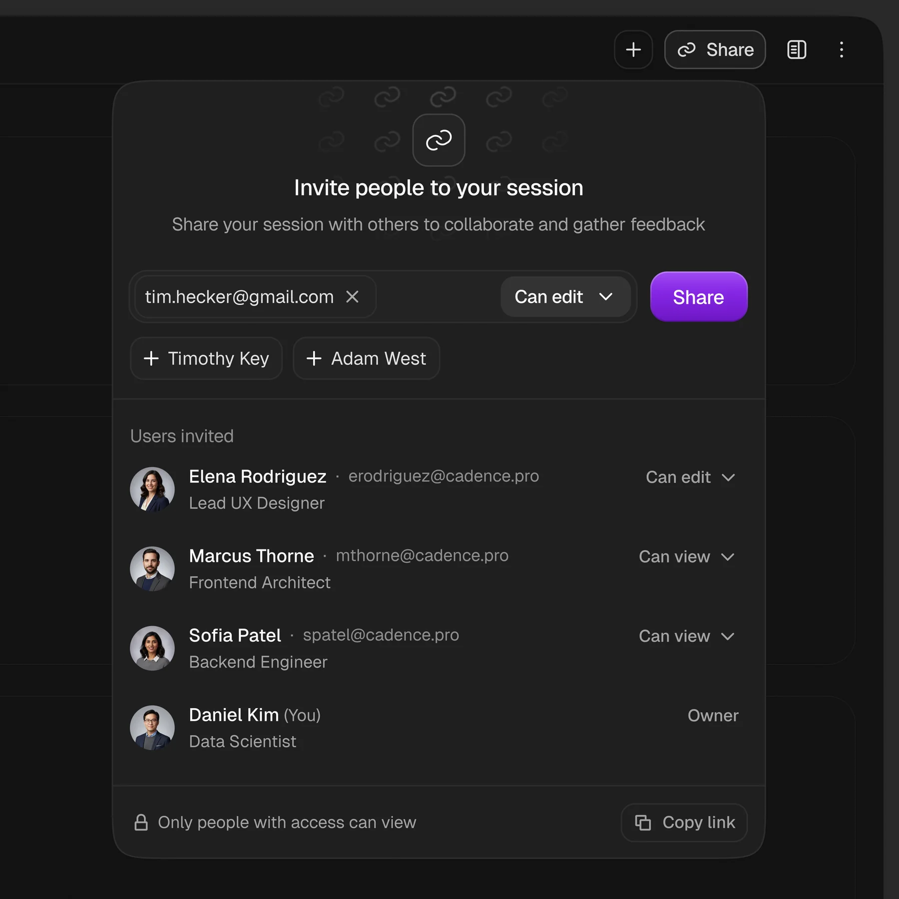 Invite people to your session dialog with access levels per person