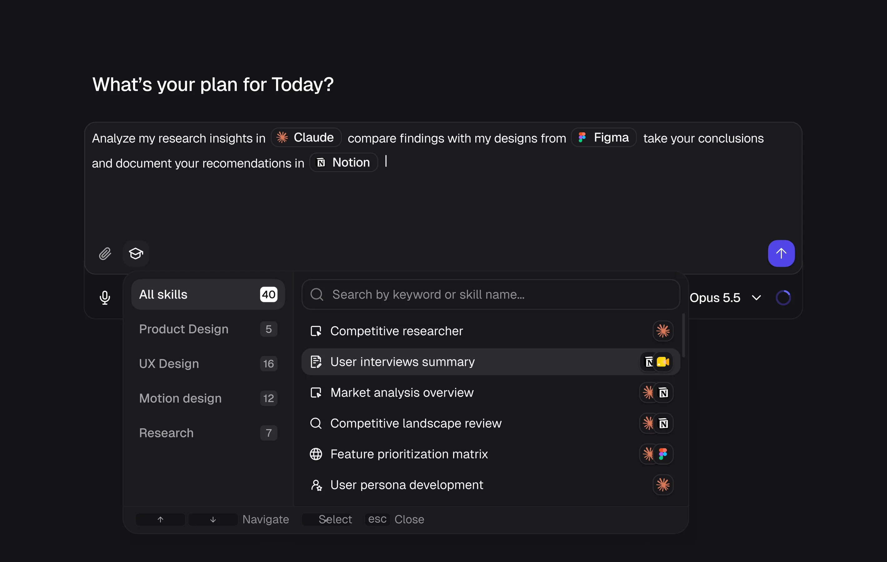 Prompt field with the skills dropdown open by category